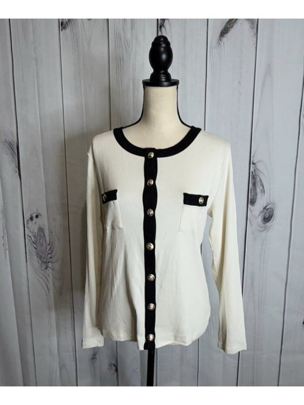 Ann Taylor Cream Black Ribbed Knit Button Down Cardigan Top Sz XLP Petite NWT
